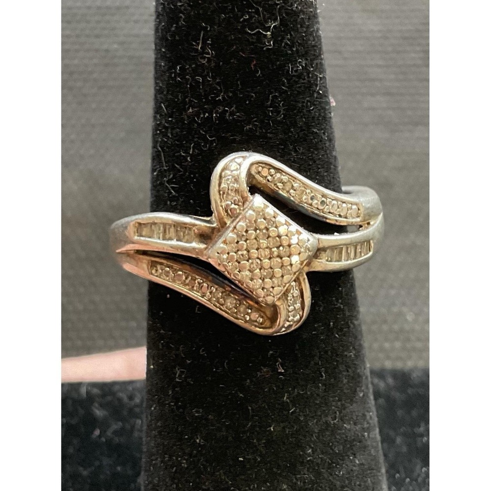 SUN sterling silver ring bypass design pavé-set diamonds Size 5.5 Vintage